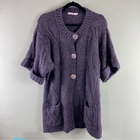 Moda Immagine Women’s Purple Short Sleeve Cable Knit Button Front Cardigan Sz M - Picture 2 of 12